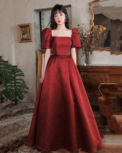 Burgundy satin long A line prom dress homecoming dress  8916