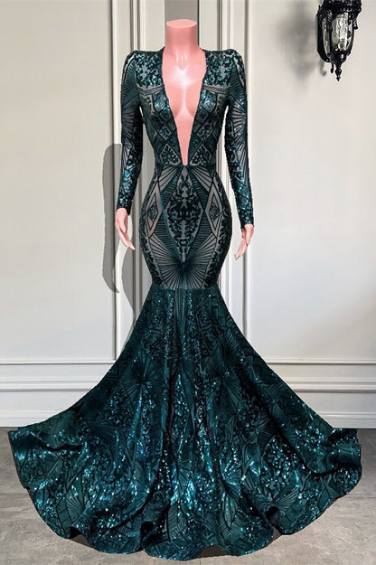 Emerald V-Neck Long Sleeves Sequins Lace Prom Dress Mermaid PD0789