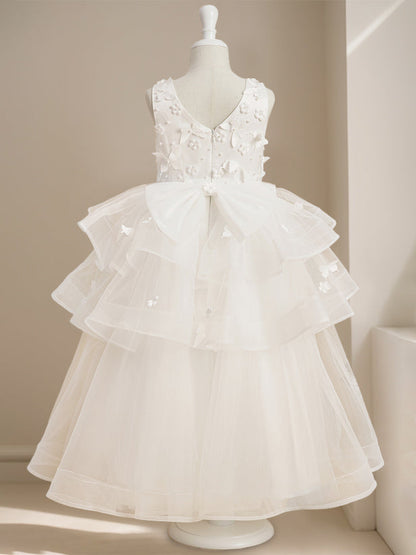 Ball-Gown Round Neck Sleeveless Ankle-Length Flower Girl Dress with Lace