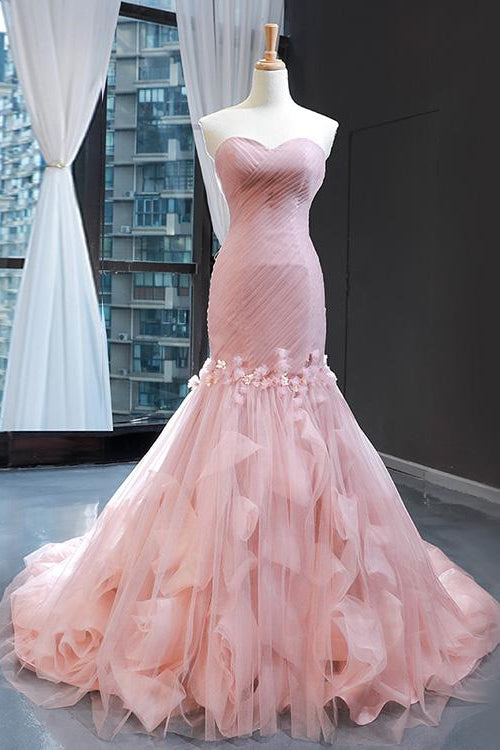 Edgynewlook Pink Sweetheart Mermaid Sleeveless Prom Dress With Tulle Ruffle Online