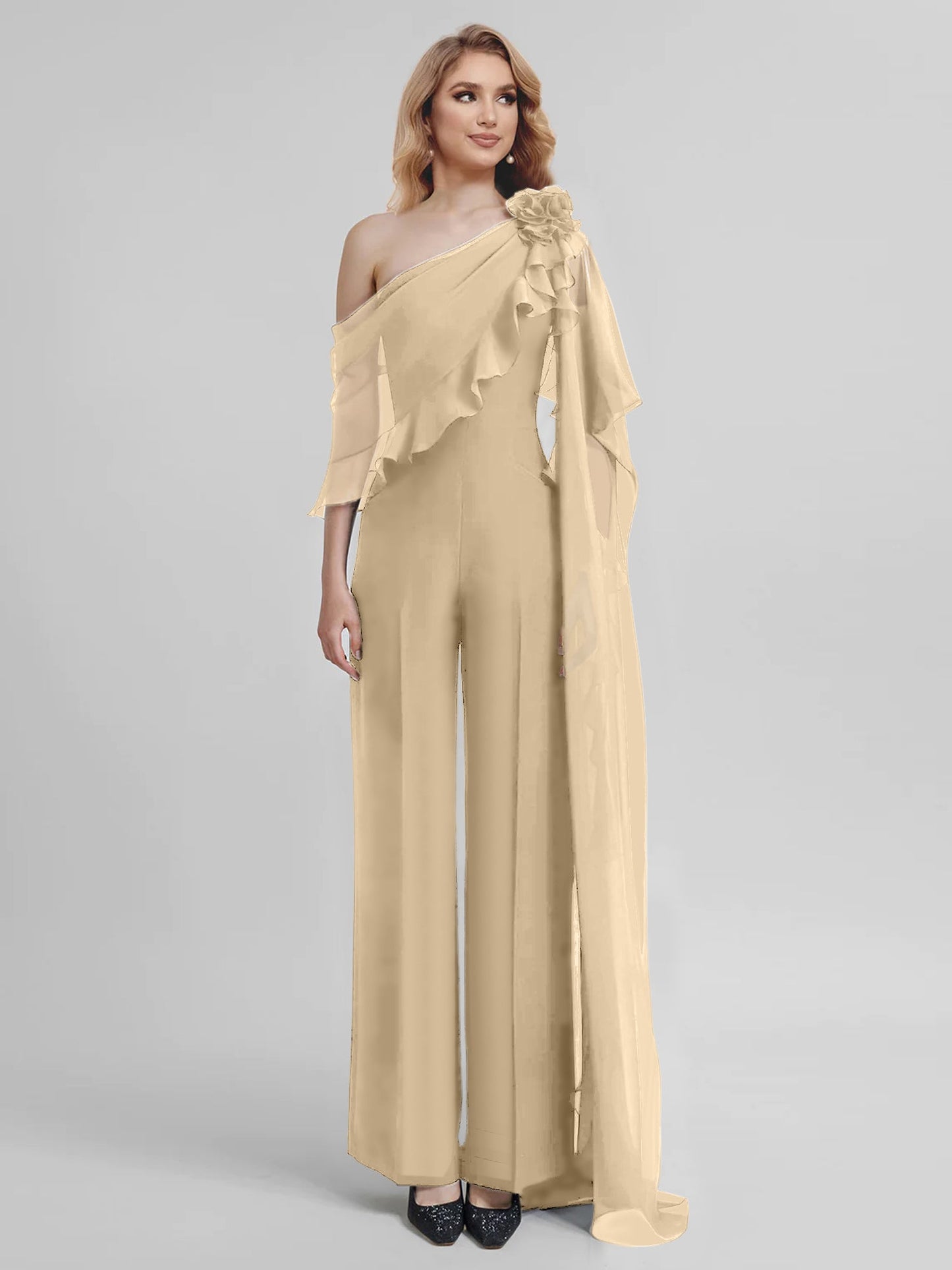 Jumpsuits One-Shoulder Half Sleeves Chiffon Mother Of The Bride Pantsuits