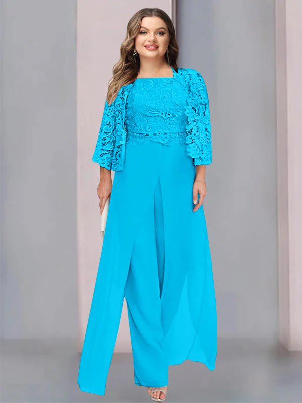 Chiffon Square Neck Floor-Length Plus Size Mother of the Bride Pantsuits with Jacket & Split Side