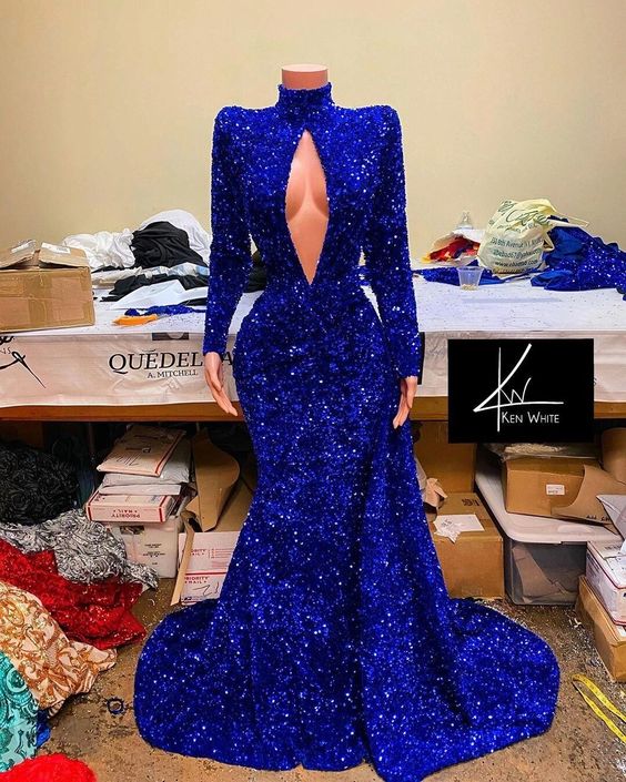 Royal Blue High Neck Long Sleeves Mermaid Prom Dress With Sequins PD0701