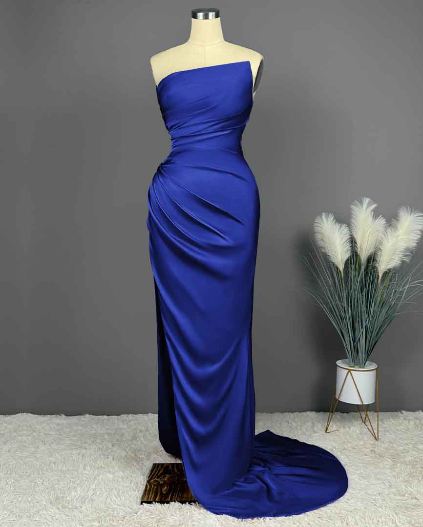 Okdais Prom Dress Simple Blue Sleeveless Charmeuse With High Slit PLeated X0002