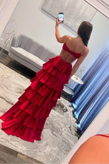 edgynewlook Stunning Red Velvet Spaghtti Strap V Neck Sleeveless Split Prom Dress with Ruffles