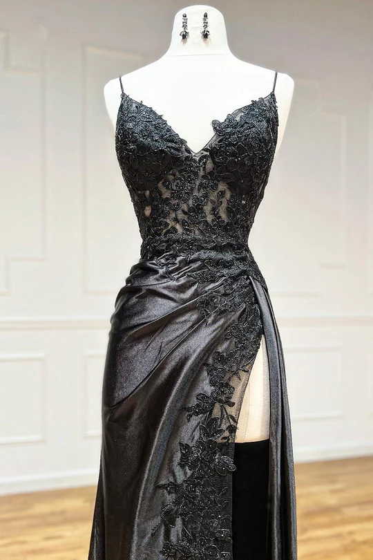 Black Lace Printed Prom Dress Long with High Slit YH0016