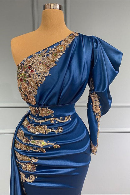 Royal Blue One-Shoulder Beadings Mermaid Prom Dress Long ED0013