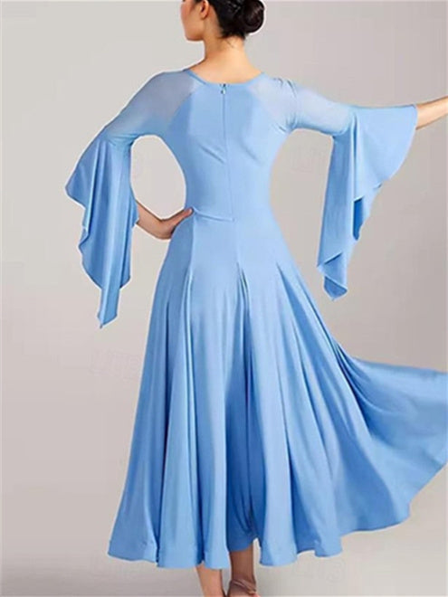 Women's Dancewear Ballroom Dance Dress Pure Color Splicing Women's Performance Party 3/4 Length Sleeve