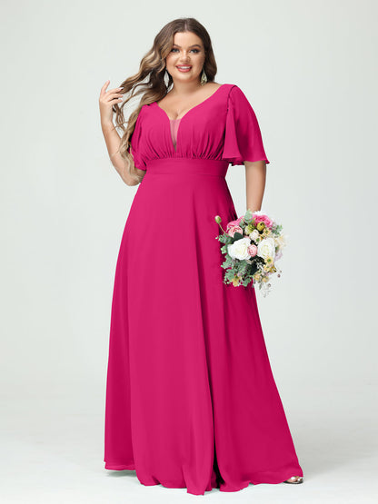 A-Line/Princess V-Neck Half Sleeves Chiffon Plus Size Bridesmaid Dresses with Pockets