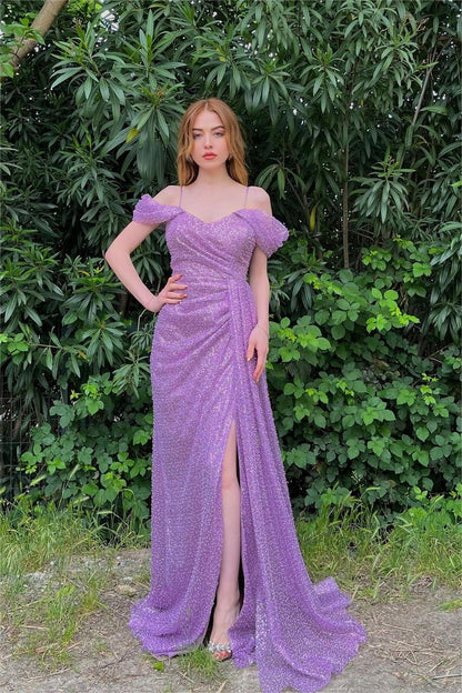 edgynewlook Glamorous Purple Sequins Off the Shoulder Spaghetti Strap Split Prom Dress with Beadings