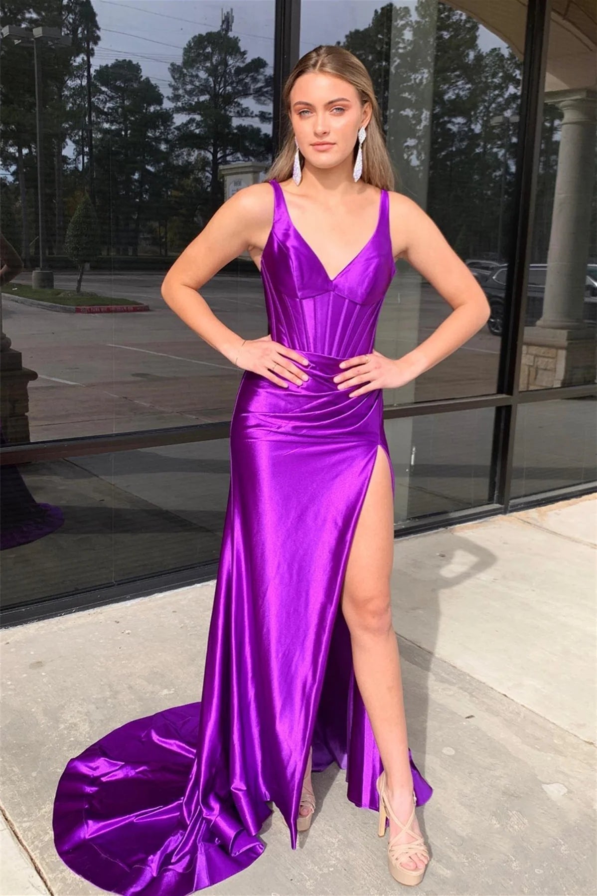 Lara | Grape Mermaid Satin V Neck Long Prom Dress with Slit