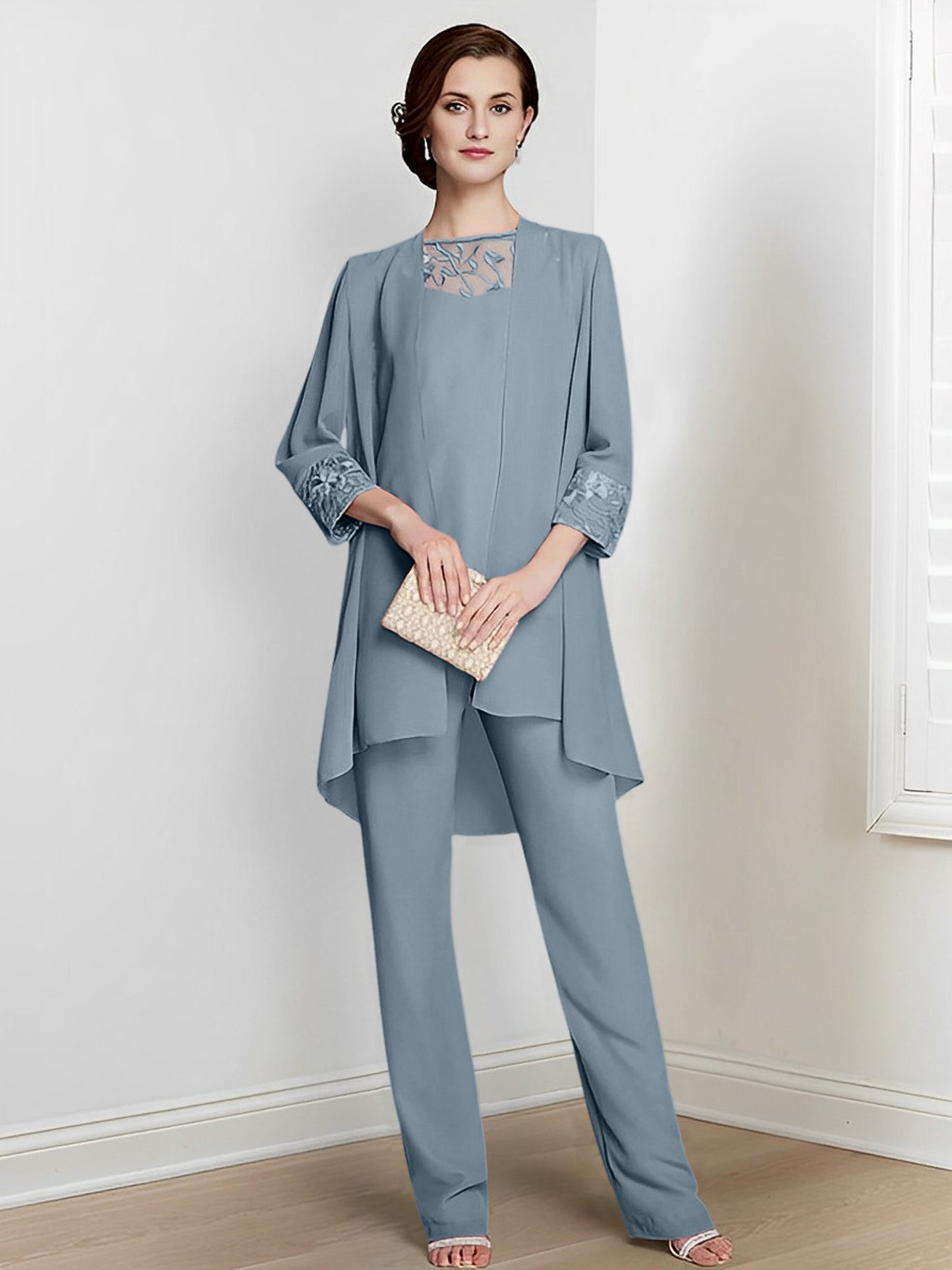 Chiffon Square Neck Long Sleeves Floor-Length Mother Of The Bride Pantsuits With Jacket