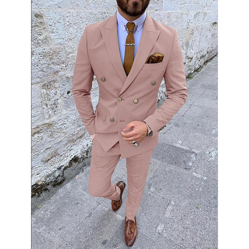 Men's Tailored Fit Double Breasted Six-buttons 2 Pieces Solid Colored Wedding Suits