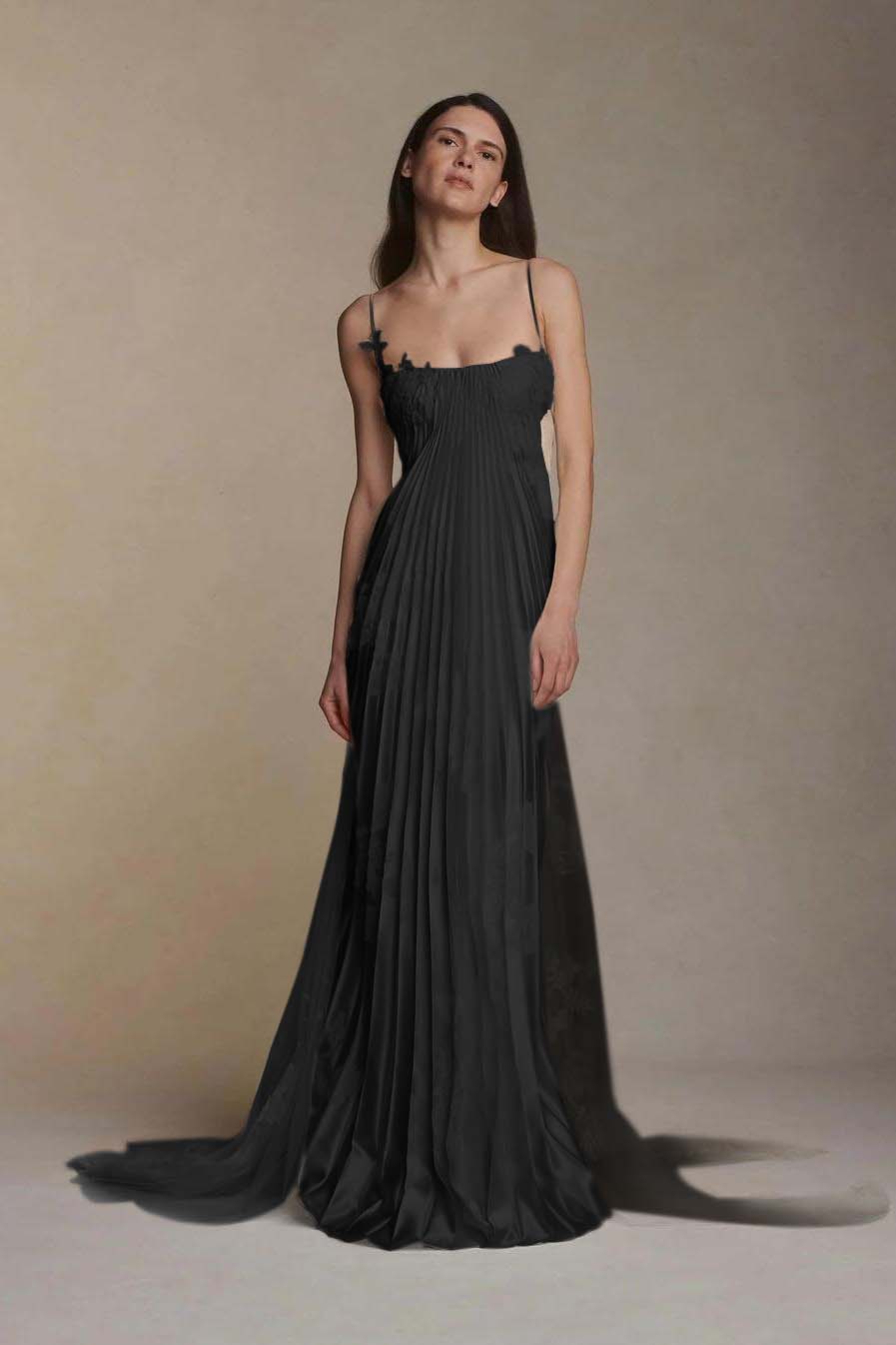 Stunning Spaghetti-Straps Pleated Sheath Appliques Prom Dress With Detachable Train XJ0176