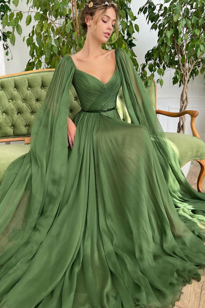 edgynewlook Elegant Green Long Puffy Sleeves Formal Prom Dress Sweetheart Tulle With Split