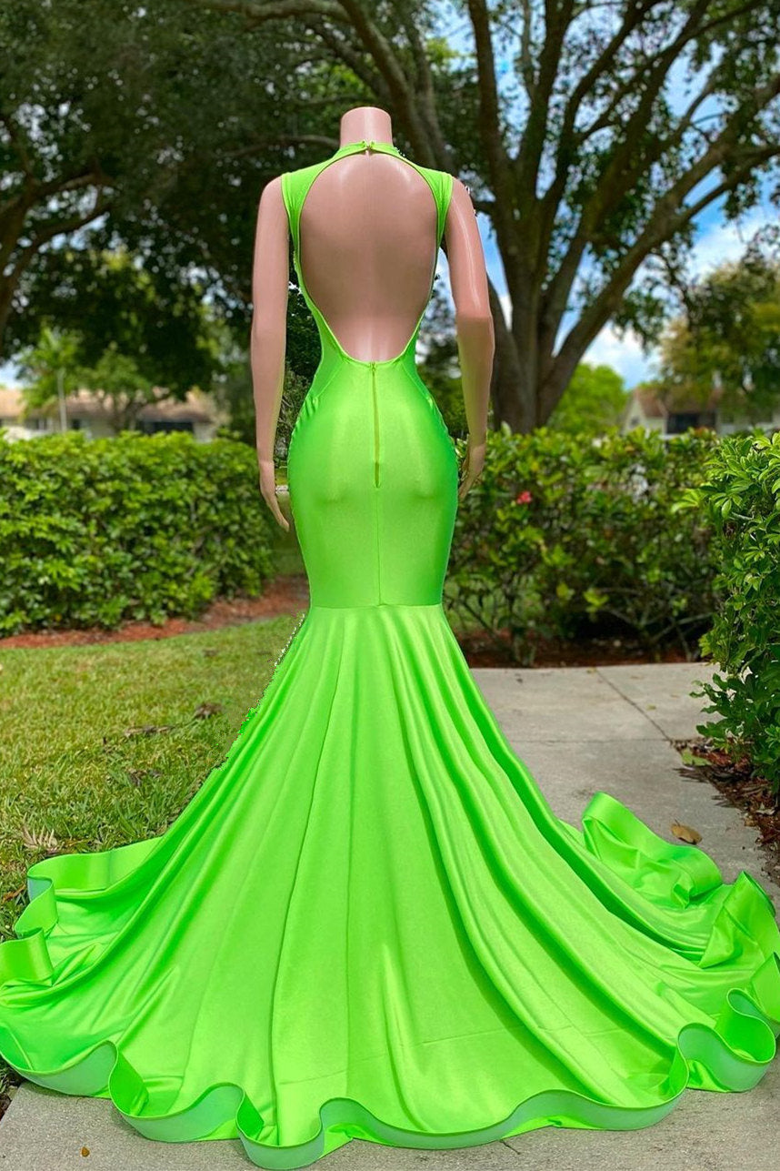 Sexy Mermaid Prom Dress Green Sleeveless Cut Out Long Appliques YL0102