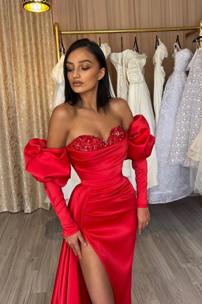 edgynewlook Red Off-the-Shoulder Long sleeves Prom Dress Split with Sequins