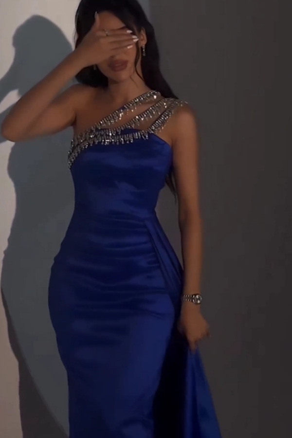 Royal Blue One-Shoulder Beaded Prom Dress With Side Trail ZT0193