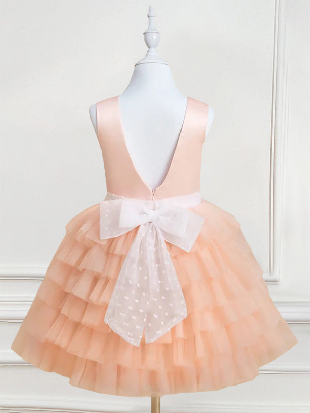 Ball-Gown Round Neck Sleeveless Knee-Length Flower Girl Dress with Ruffles & Bowknot