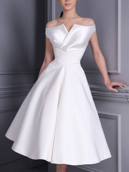 A-Line/Princess Off-the-shoulder Short Sleeves Tea Length luxurious Wedding Dress With Ruffle