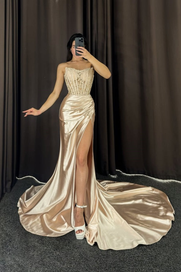 Champagne Strapless Split Mermaid Long Elegant Prom Dress ZT0288