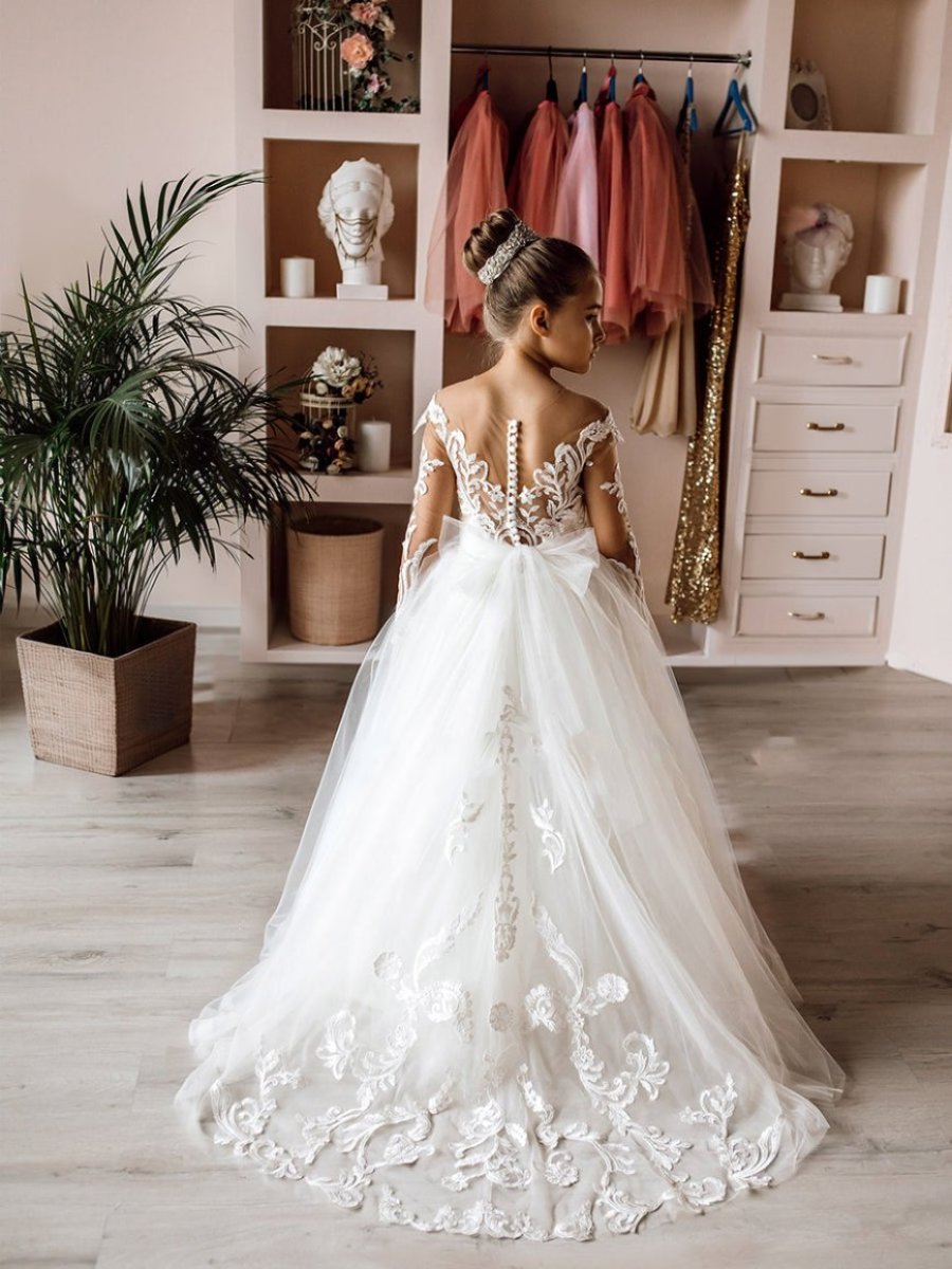 Ball-Gown Long Sleeves White Tulle Flower Girl Dresses with Lace Appliques