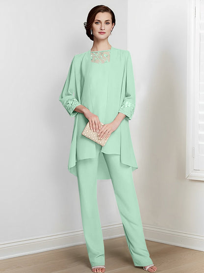 Chiffon Square Neck Long Sleeves Floor-Length Mother Of The Bride Pantsuits With Jacket