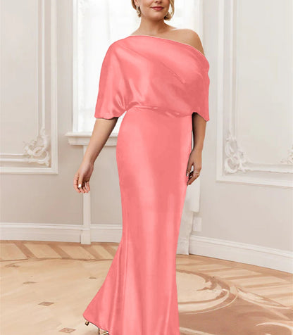 Sheath/Column One-Shoulder Half Sleeves Floor-Length Plus Size Mother of the Bride Dresses