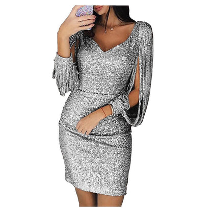 Sheath/Column V-Neck Long Sleeves Short/Mini Vintage Dress with Sequins & Tassel Fringe