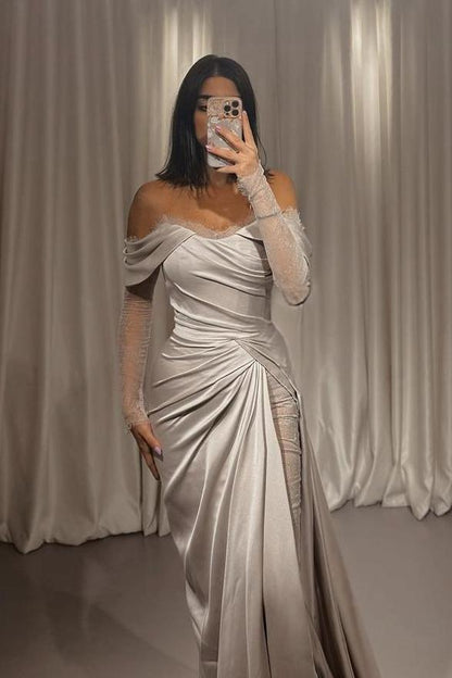 edgynewlook Stunning Silver Satin Strapless Off the Shoulder Long Sleeves Prom Dress with Pleated