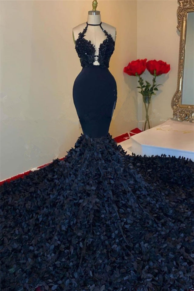 Dark Navy Halter V-Neck Mermaid Prom Dress With Applique PD0797