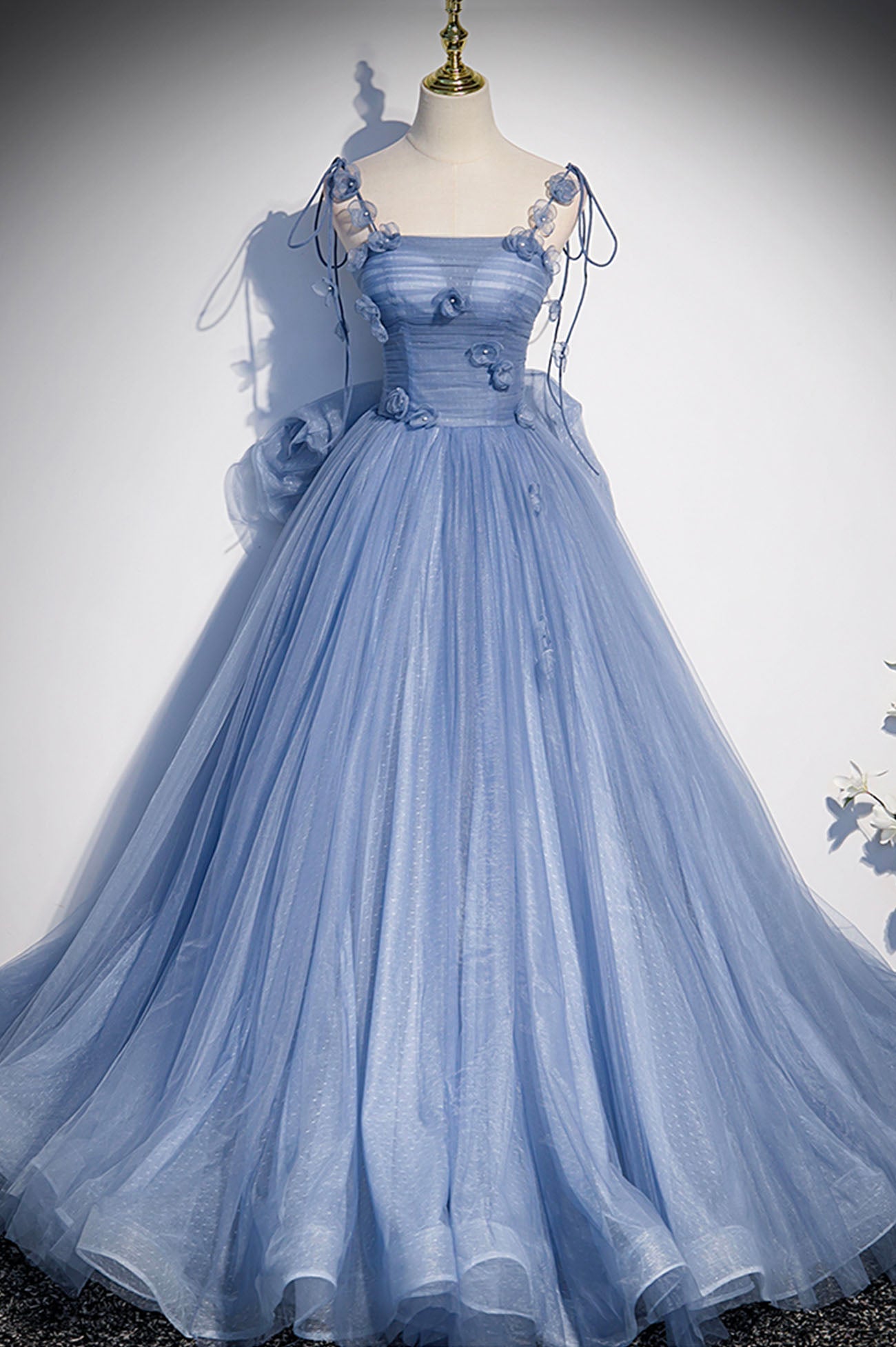 Karla | Blue Tulle Long A-Line Prom Dress Blue Spaghetti Straps Party Dress with Bow