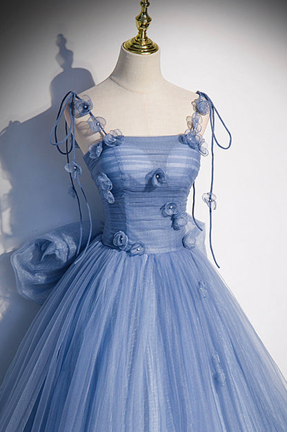 Karla | Blue Tulle Long A-Line Prom Dress Blue Spaghetti Straps Party Dress with Bow