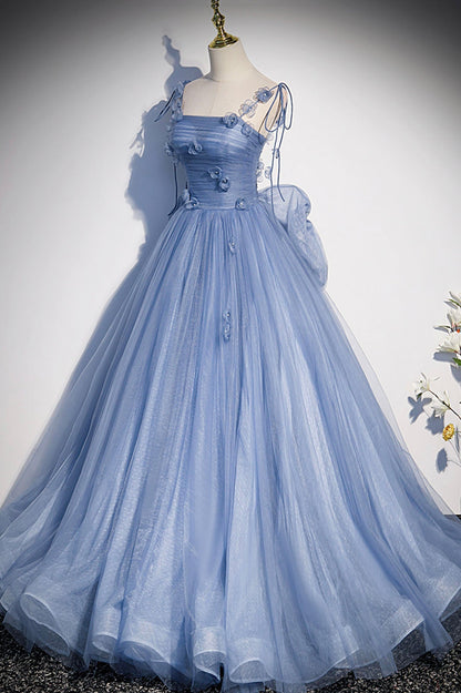 Karla | Blue Tulle Long A-Line Prom Dress Blue Spaghetti Straps Party Dress with Bow