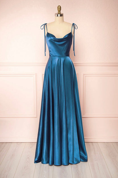 Vienna | Simple Satin Long A-Line Prom Dress Spaghetti Straps Evening Dress