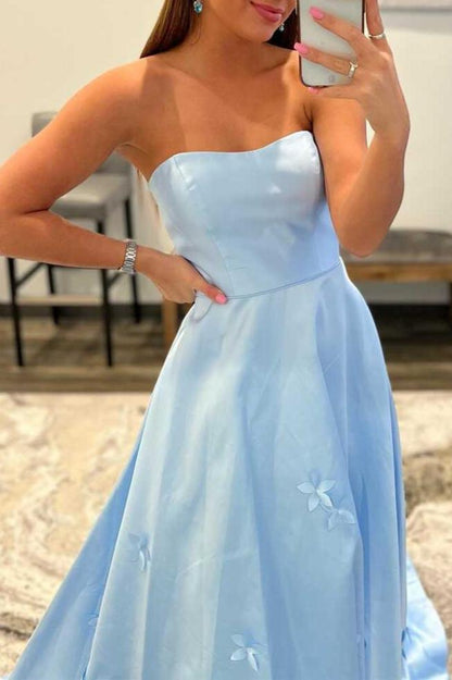 3D Flower Light Blue Strapless A-Line Prom Dress