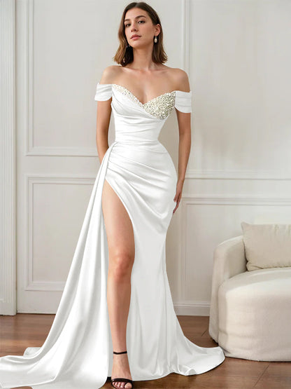 Trumpet Strapless Sweep Train Off-the-Shoulder Elegant Evening Dresses