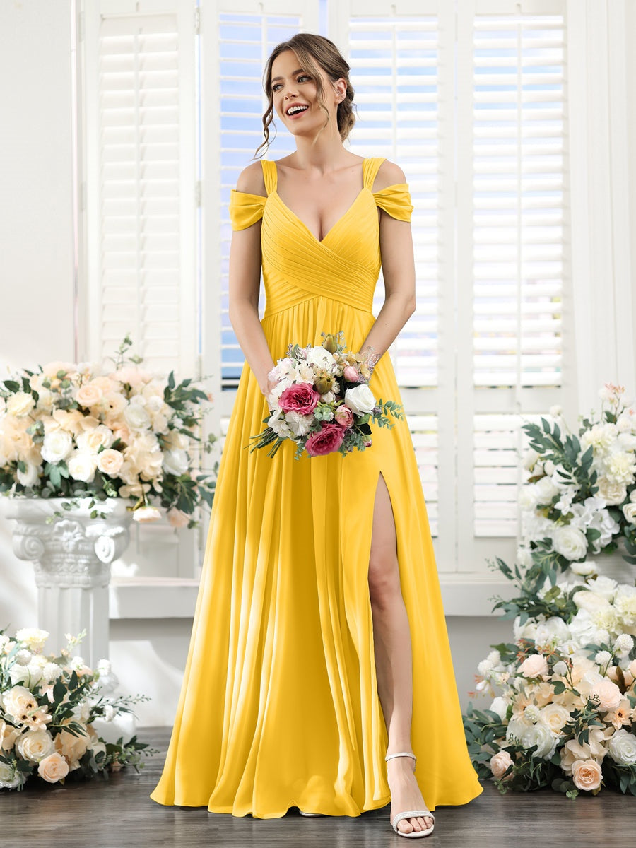 A-Line/Princess V-Neck Floor-Length Chiffon Bridesmaid Dresses with Split Side & Ruched