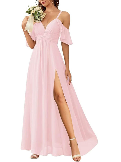 A Line/Princess Off-the-Shoulder Floor-Length Bridesmaid Dresses with Pockets