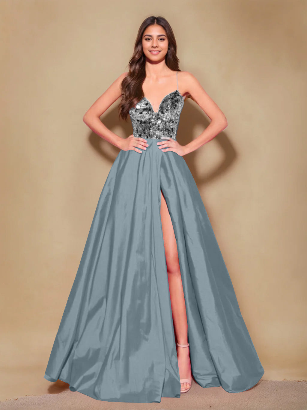 A-Line/Princess Spaghetti Straps Sleeveless Floor-Length Long Prom Evening Dress with Pleating & Split Side