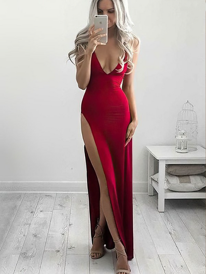 LTP1223,Sexy Red Split Evening Prom Dresses,V-Neck Long Homecoming Dress