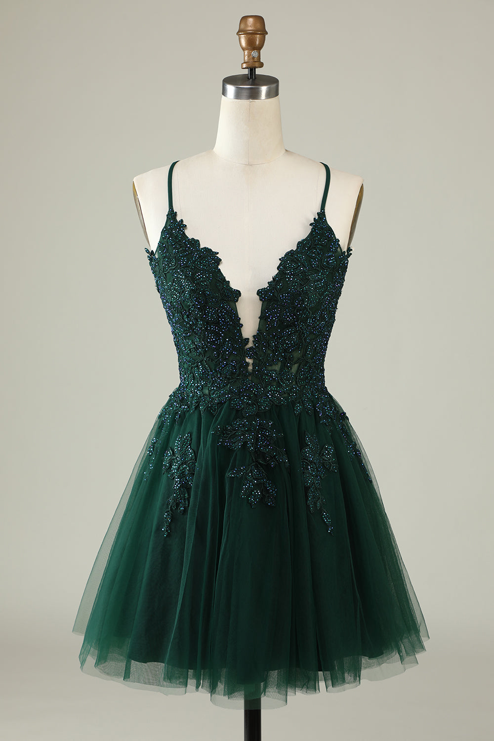 A Line Spaghetti Straps Dark Green Short Homecoming Dress with Appliques