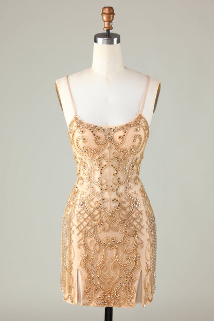 Spaghetti Straps Golden Tight Homecoming Dress with Beading