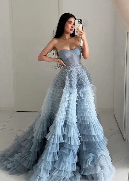 Kaia |A Line Sweetheart Tiered Ruffled Tulle Long Prom Dress