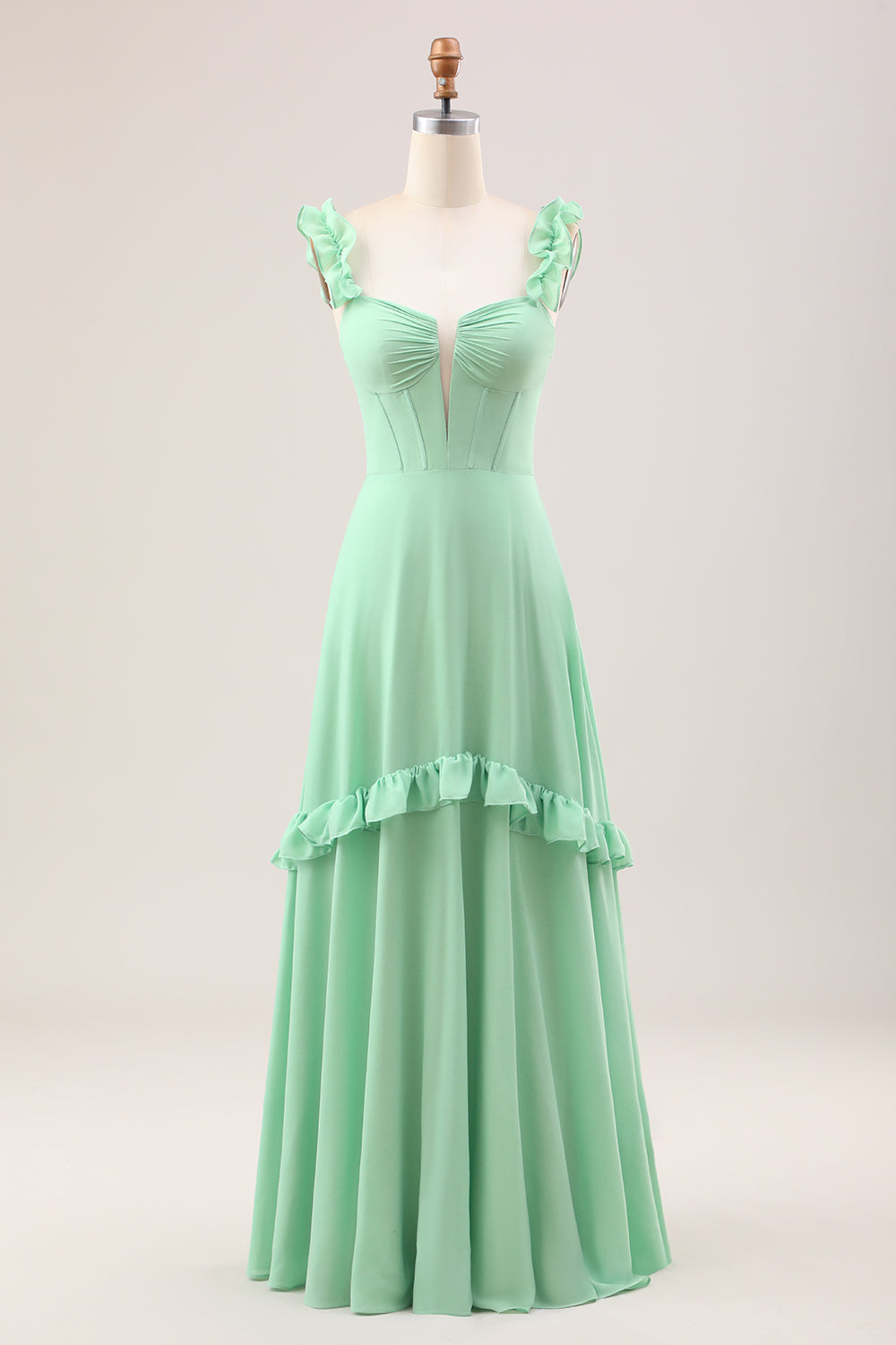 Green A Line Off The Shoulder Corset Bridesmaid Dress With Ruffles