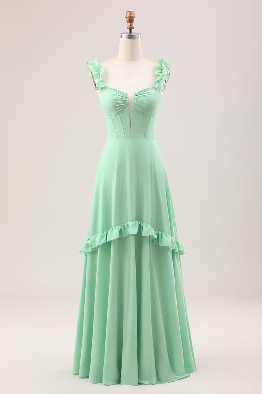 Green A Line Off The Shoulder Corset Bridesmaid Dress With Ruffles