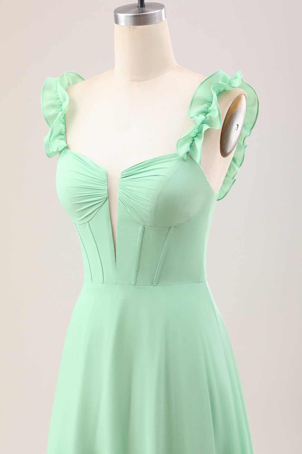 Green A Line Off The Shoulder Corset Bridesmaid Dress With Ruffles