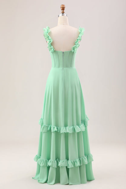 Green A Line Off The Shoulder Corset Maxi Bridesmaid Dress With Ruffles