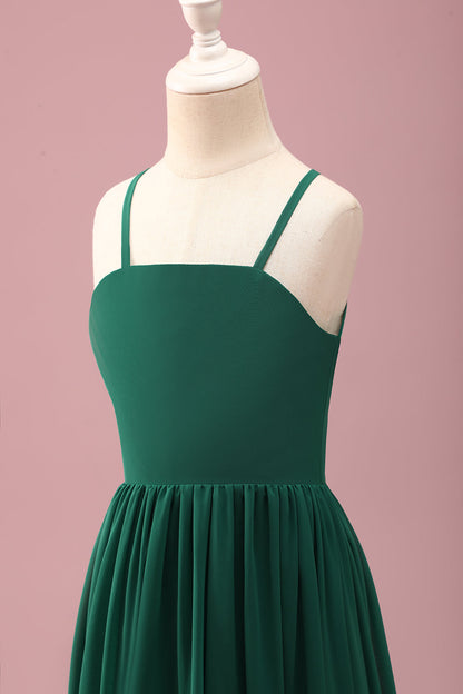 Dark Green A Line Ruched Spaghetti Straps Junior Bridesmaid Dress