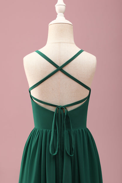 Dark Green A Line Ruched Spaghetti Straps Junior Bridesmaid Dress